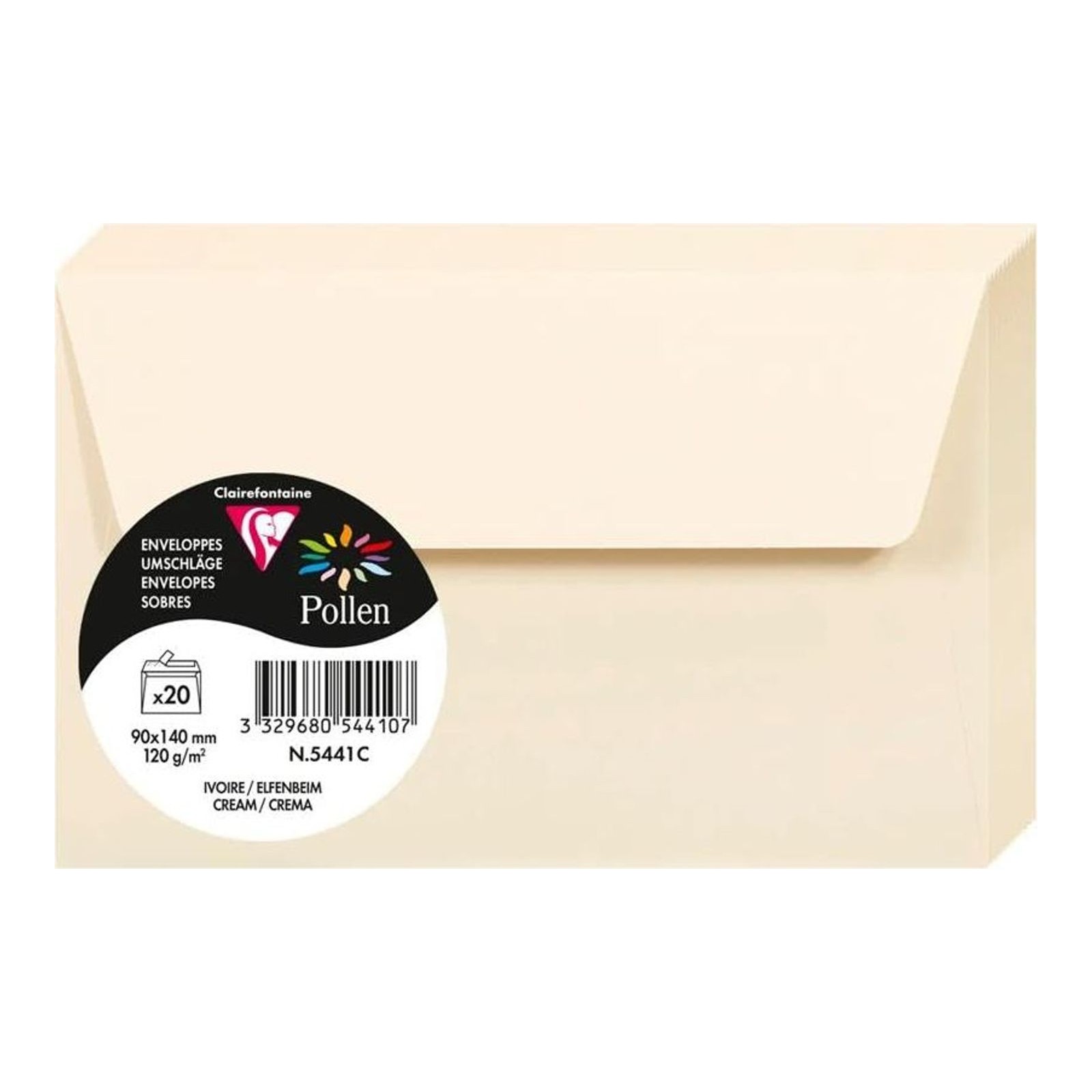 Clairefontaine 5441C Pack of 20 Self-Adhesive Envelopes Format 9x14cm 120g/m² Cream Colour Invitation Events Correspondence Pollen Range Smooth Premium Paper