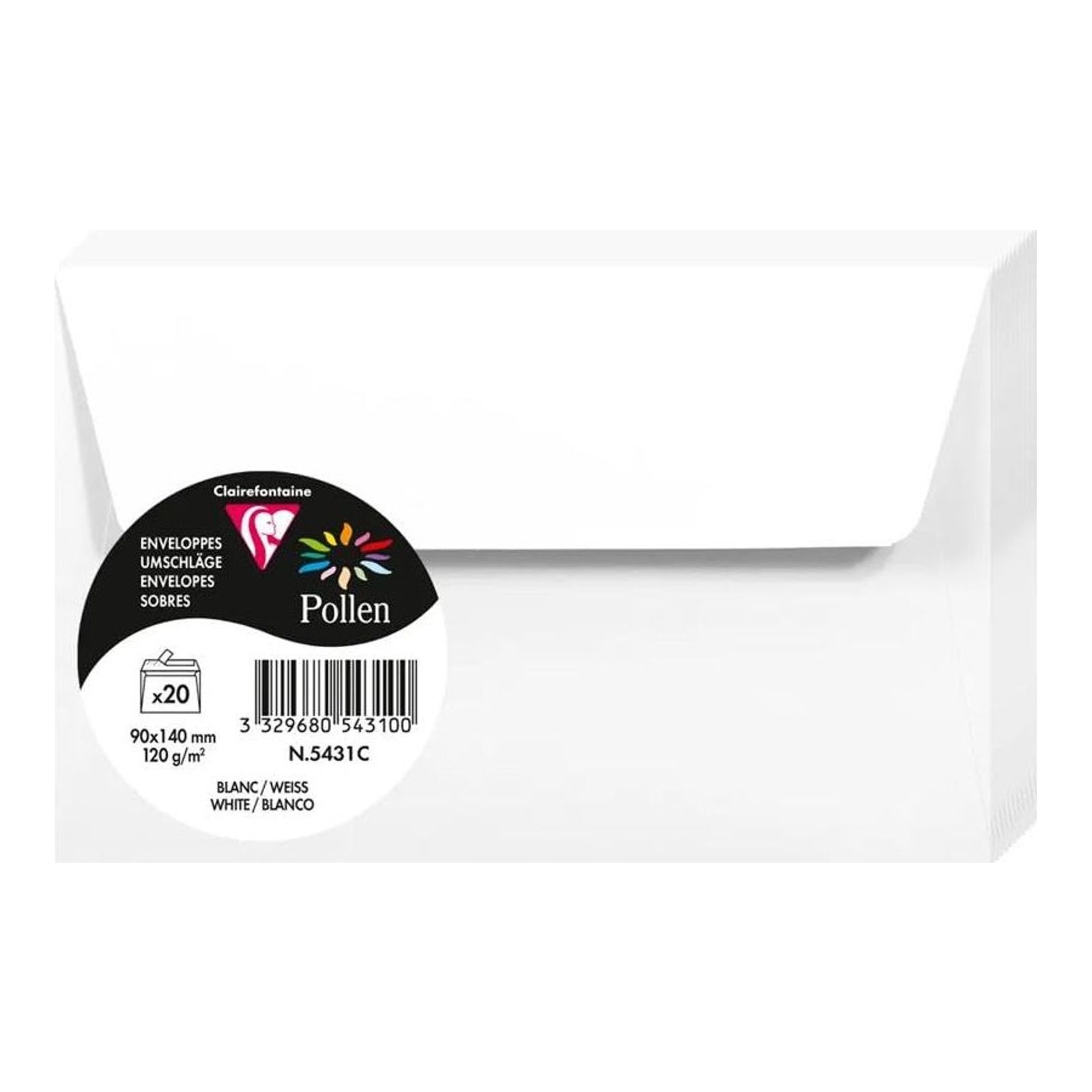 Clairefontaine 5431C Pack of 20 Self-Adhesive Envelopes Format 9x14cm 120g/m² White Invitation Events and Correspondence - Pollen Range - Premium Smooth Paper