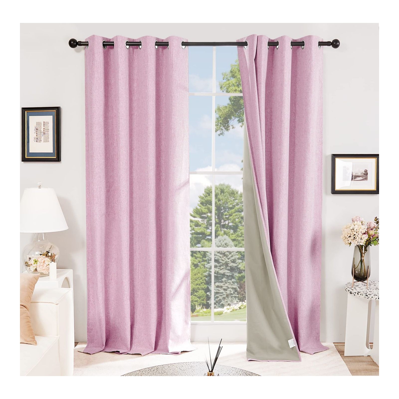 Deconovo 100% Blackout Curtains Faux Linen Window Teatments Eyelet Curtains Blackout Thermal Insulated Curtains for Girls Bedroom Pink W46 x L54 Inch One Pair