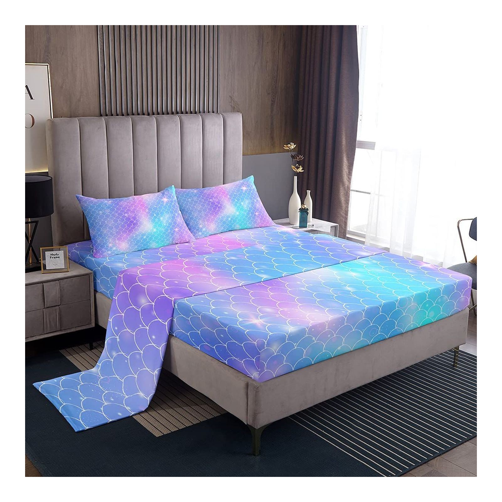 Loussiesd Mermaid Scale Sheet Set Single Size Kids Fish Scales Bedding Set Princess Style Glitter Ocean Marine Bed Sheet Set for Girls Children Teens Sheets Luxury Fanstry 3 Piece
