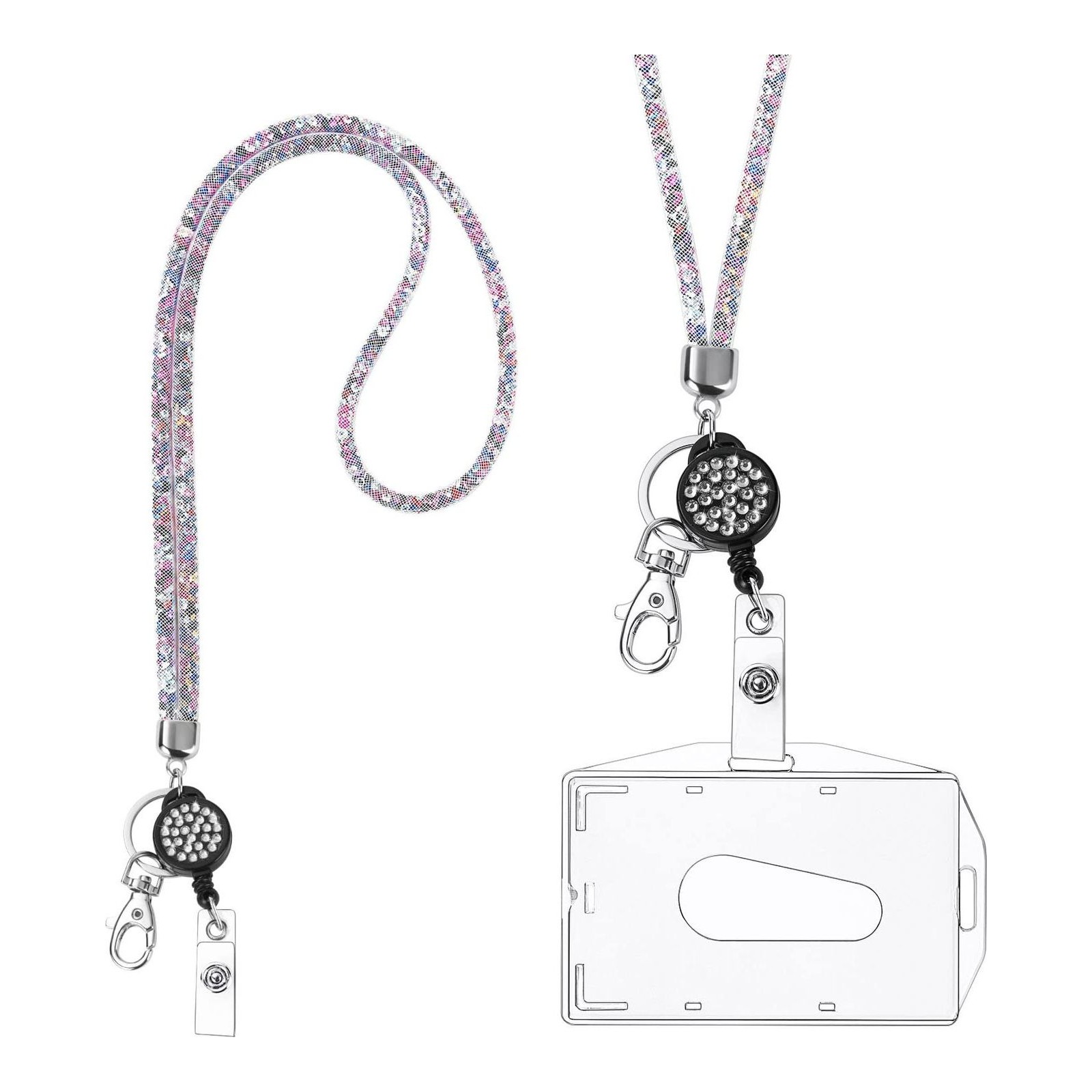 Victorini Crystal Transparent Card Holder with Lanyard, Lanyard and Badge Set, Keyring Badge Holders and Neck Strap for Keys ID (Colored Diamonds)