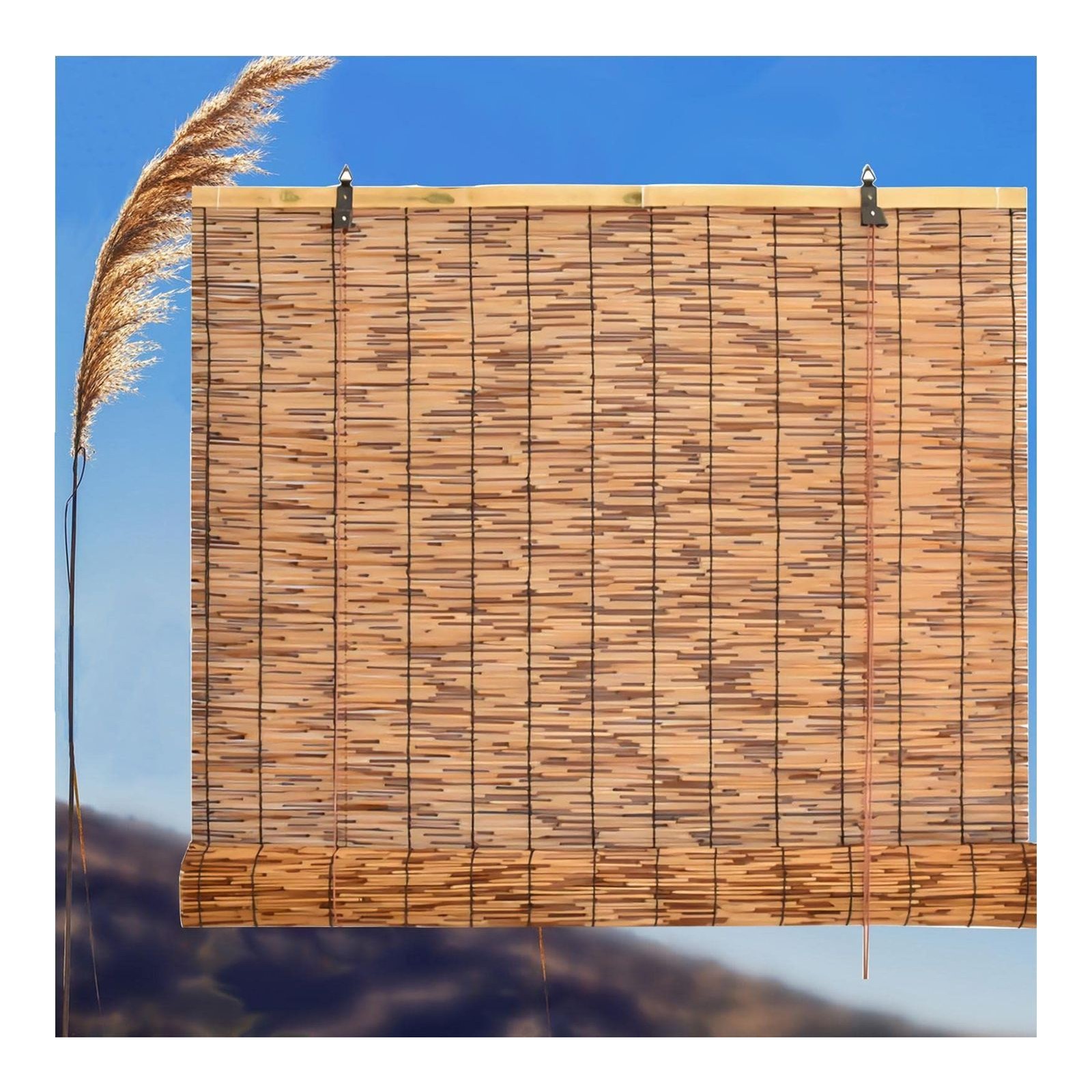Louver Window,Reed Curtain,70% Shading Rate,Roller Blinds Bamboo Shades for Patio,Hand-Woven Carbonization Blind Sun Shade,Breathable,for Outdoor/Patio/Door (Size:W135xH250cm/53.1x98.4in)
