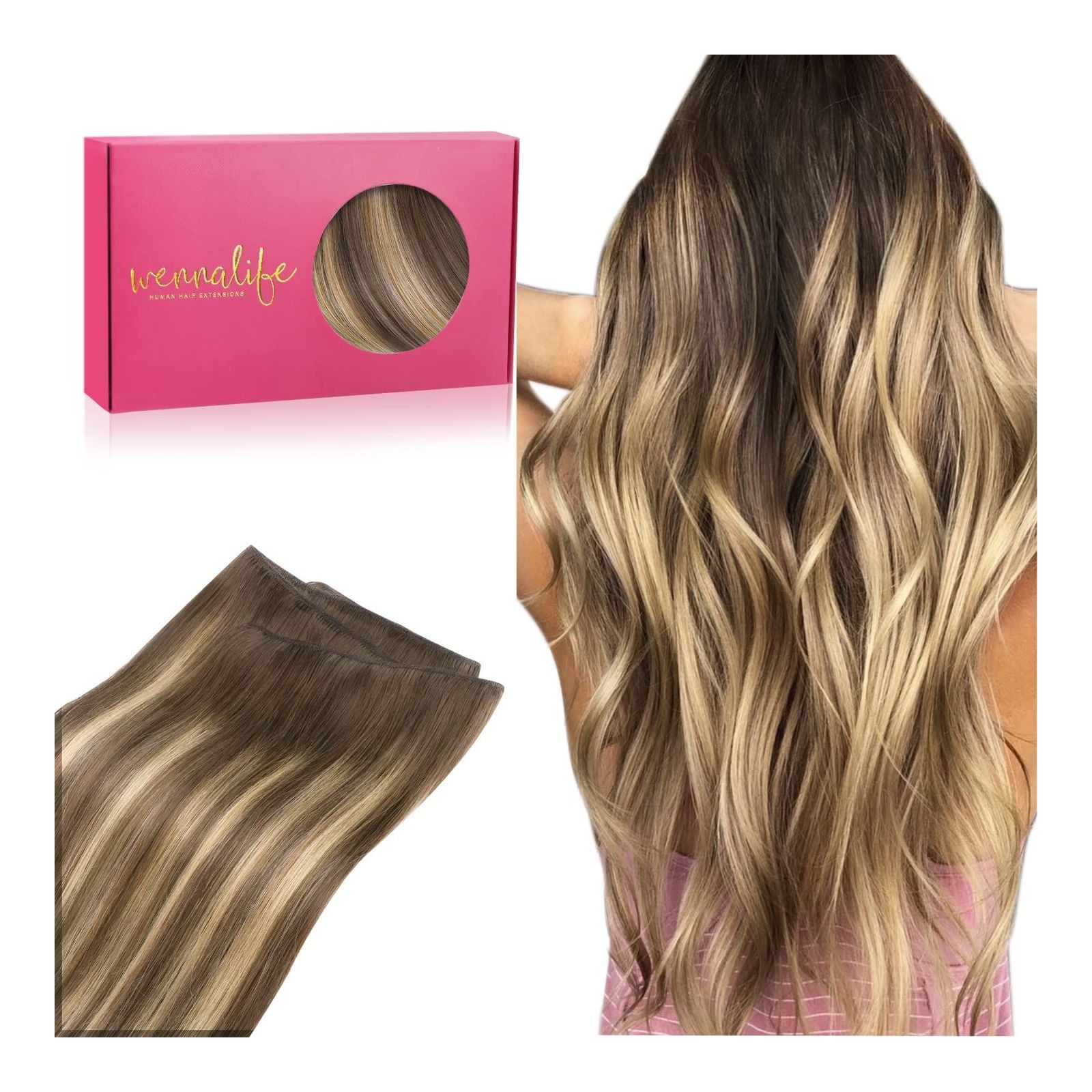 WENNALIFE Weft Hair Extensions Real Human Hair, 18Inch 90g Balayage Chocolate Brown to Caramel Blonde Sew in Hair Extensions Invisible Weft Human Hair Extensions for Women