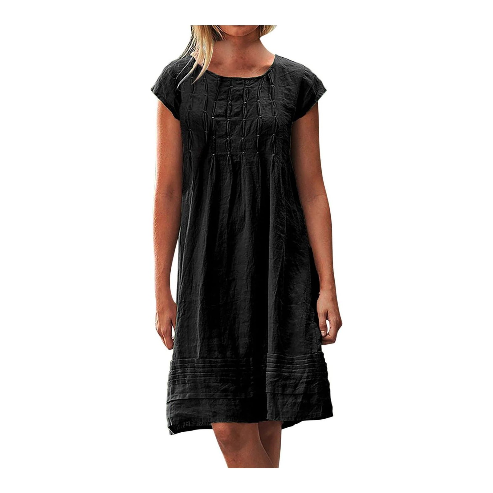 Zeiayuas Cotton Linen Dresses for Women T Shirts Summer Midi Dress Short Sleeve Round Neck Knee Length Dress Ladies Beach Loose Solid Color Casual Dresses UK