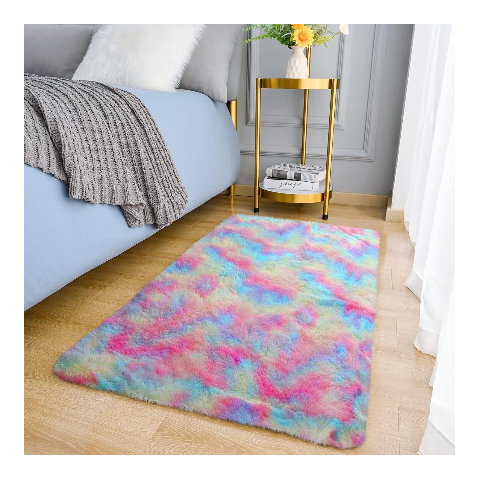MOONLIGHT20015 Rugs Living Room – Fluffy Shaggy Small Area Rugs for Bedroom Anti-Slip – Modern Super Soft Thick Pile Rainbow Rug - Plush Carpet Non Shedding Easy To Clean, 50cm x 80cm
