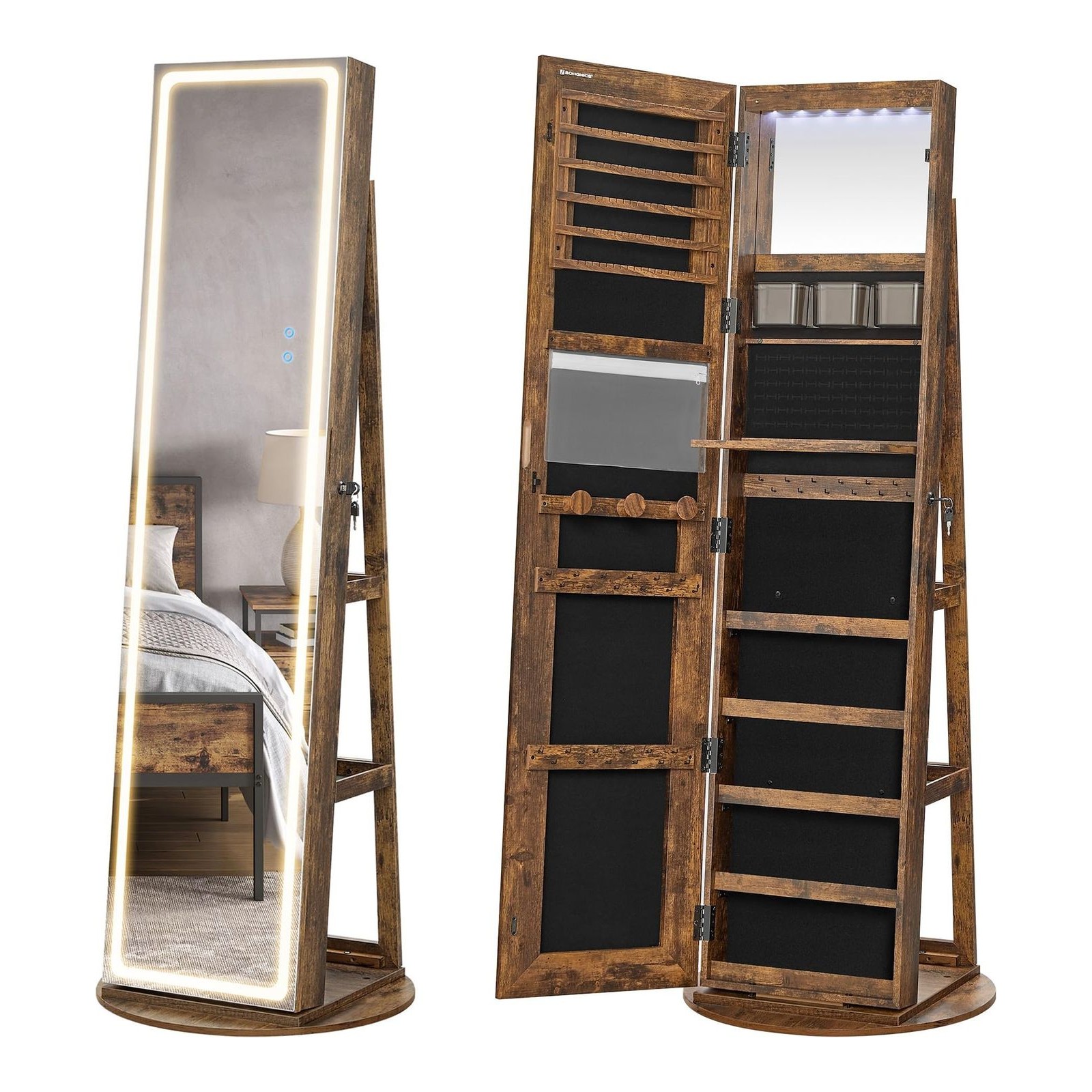 SONGMICS LED Mirror Jewellery Cabinet Standing, Lockable Jewellery Armoire with Full-Length Mirror and Adjustable LED Lights, Space-Saving Jewellery Organiser, Gift Idea, Rustic Brown JJC008X02