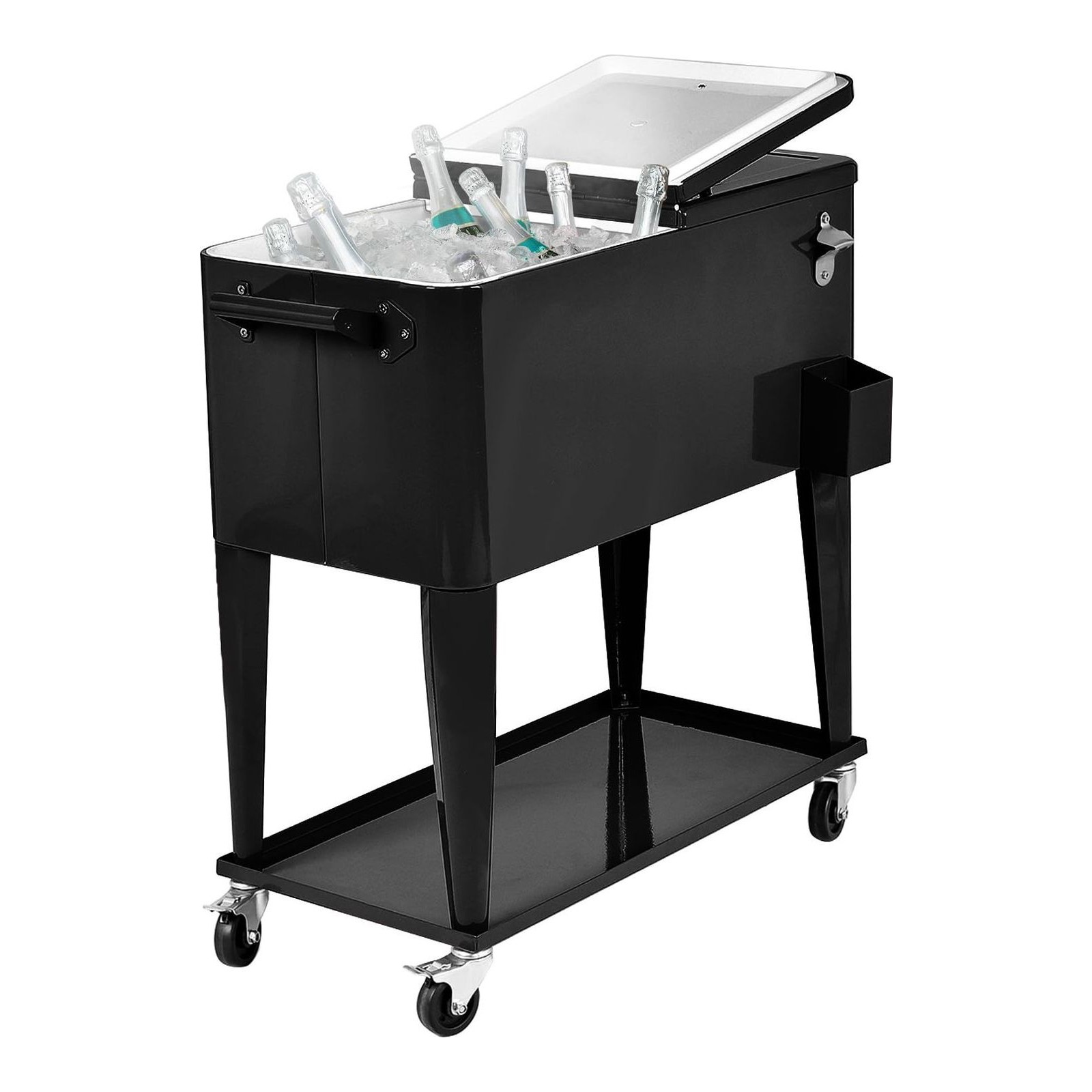 COSTWAY 80-Quart Rolling Ice Chest, Stainless Steel Beverage Cooler Cart with Wheels, Bottle Opener & Drainage Hole, Bar Party Drink Ice Bucket Trolley(Black, with Shelf)
