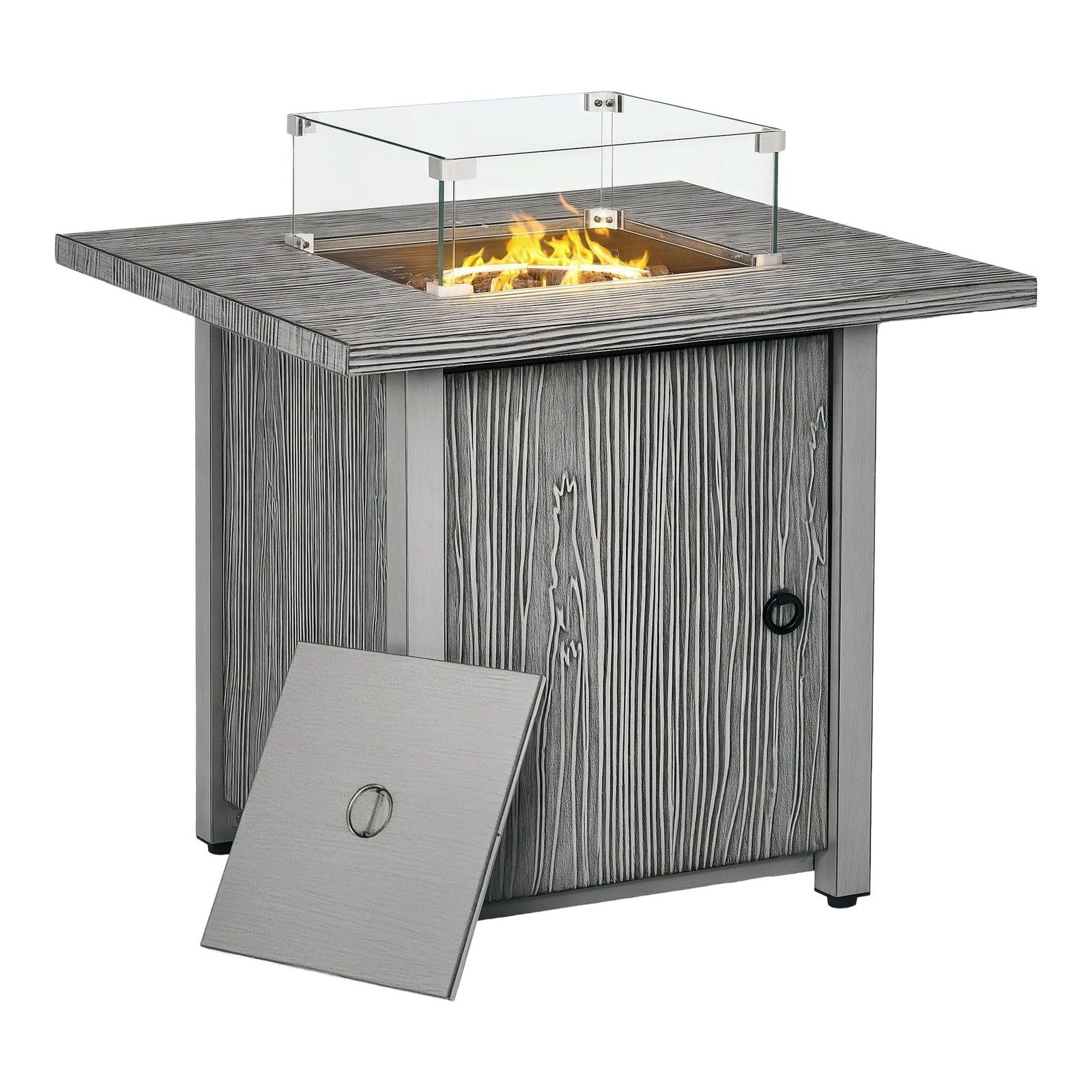 Outsunny Propane Gas Fire Pit Table for Garden, 40000 BTU Smokeless Firepit Outdoor Patio Heater with Waterproof Cover, Glass Screen, Glass Beads and Lid, Wood Effect, 71 x 71 x 63cm, Grey