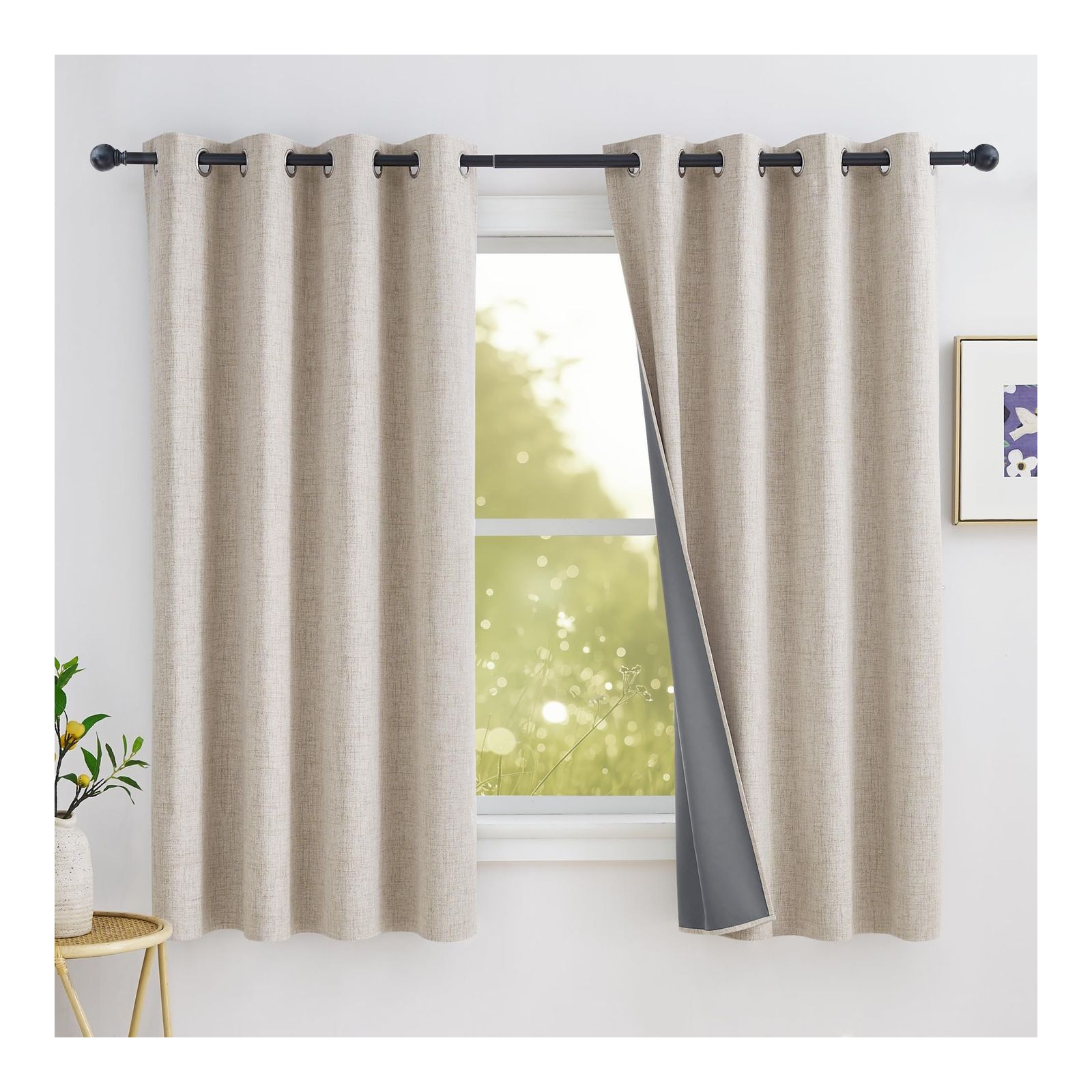PONY DANCE 100% Blackout Curtain - Beige Linen Look Curtains Thermal Coating Curtains with Eyelet, 52 inches Wide x 72 inches Black Out Window Drapes, Energy Saving Drapes for Living Room, 2 Panels