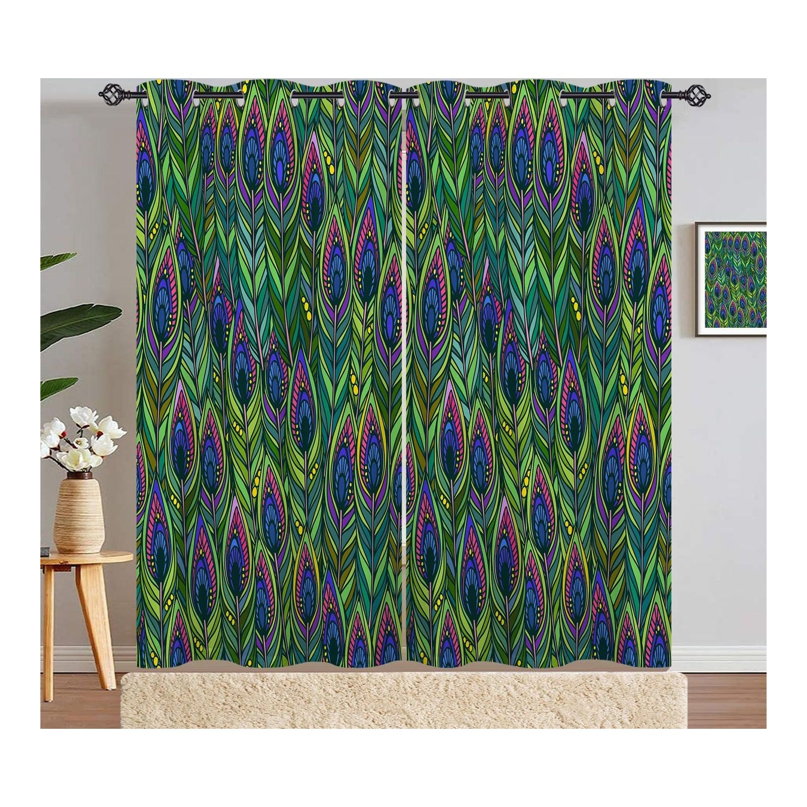 ANHOPE Peacock Feather Curtains Eyelet Ring Top Blackout Thermal Insulated Curtains Colourful Bird Feather Print Pattern Soft Window Drapes for Bedroom Living Room 66 x 90 Inch 2 Panels