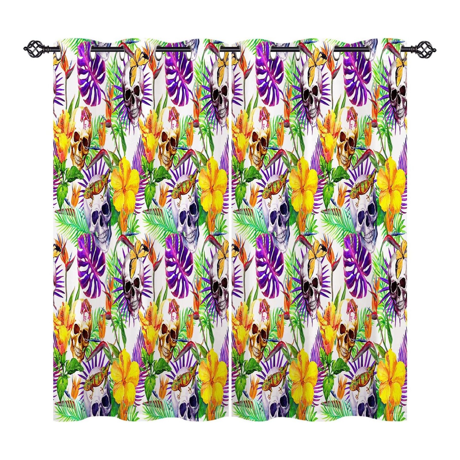 ANHOPE Skull Curtains Eyelet Ring Top Blackout Thermal Insulated Curtains Tropical Leaf Animal Exotic Flower Print Pattern Soft Window Drapes for Bedroom Living Room 55 x 63 Inch 2 Panels
