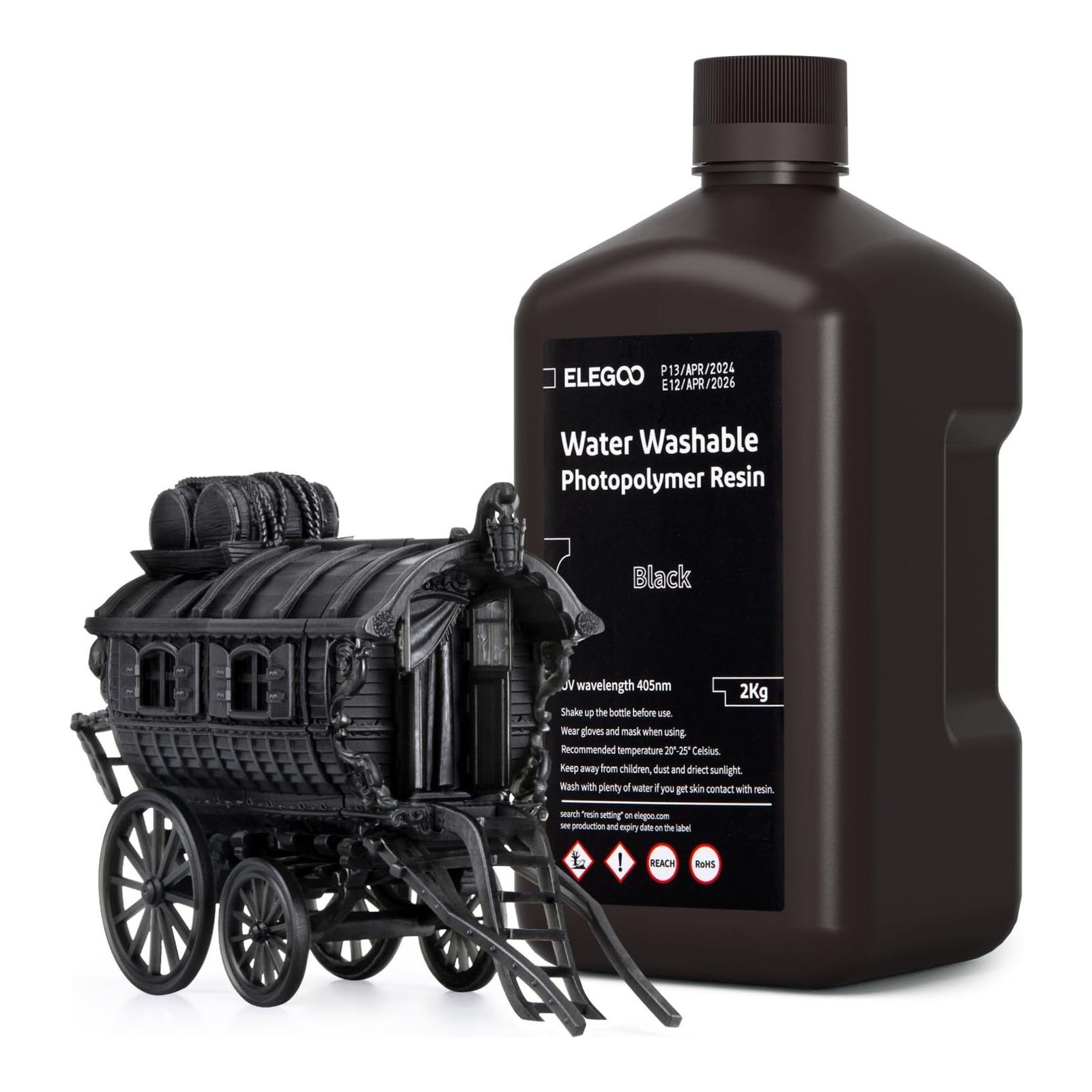 ELEGOO Water Washable 3D Printer Resin, Black 2KG, Fast Curing, Easy Cleanup with Water, Smooth Finish & High Precision 405nm UV Resin for LCD/MSLA 3D Printing