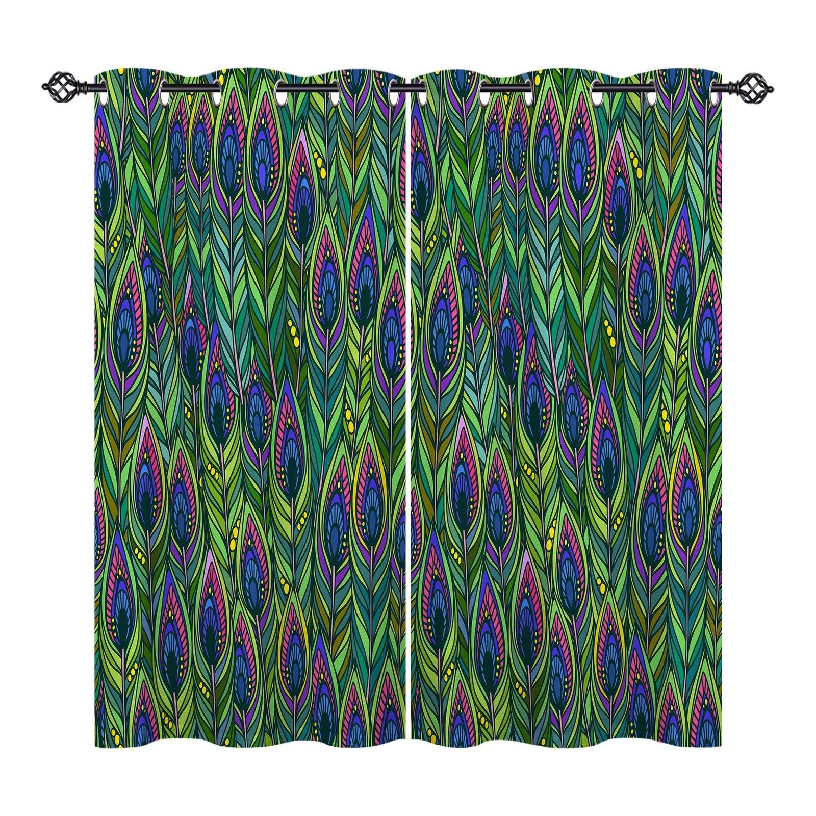 ANHOPE Peacock Feather Curtains Eyelet Ring Top Blackout Thermal Insulated Curtains Colourful Bird Feather Print Pattern Soft Window Drapes for Bedroom Living Room 30 x 63 Inch 2 Panels
